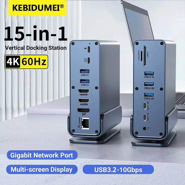 KEBIDUMEI 15-in-1 USB-C Dockingstation Hub in Grau mit HDMI 4K@60Hz, 10Gbps USB 3.2, PD 100W und RJ45 Gigabit Ethernet für deinen PC-Adapter - Bild 1