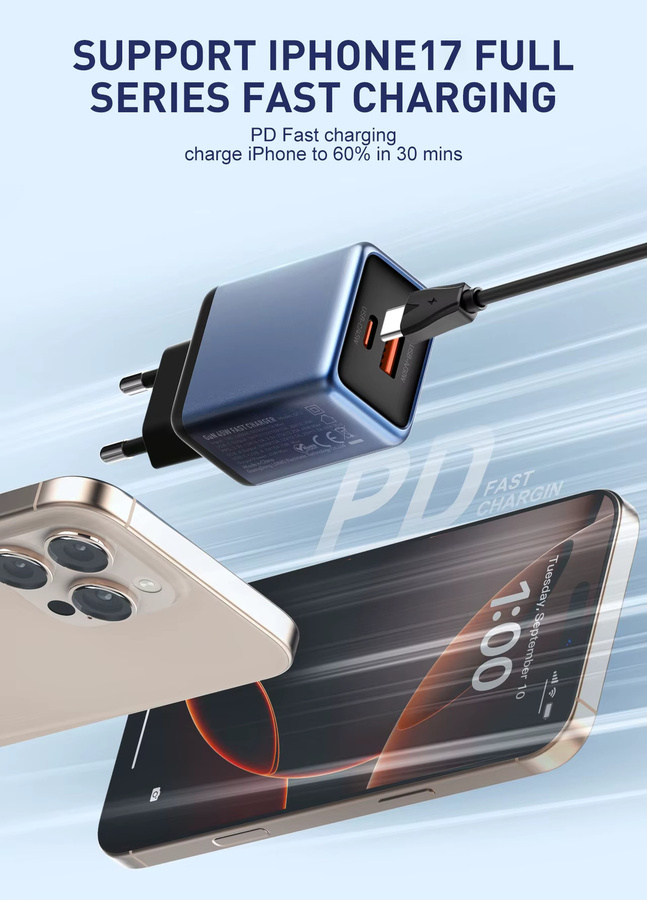 LDNIO Gan 45W Schnellladegerät Typ-C in Blau für iPhone, Xiaomi und Samsung - Bild 4