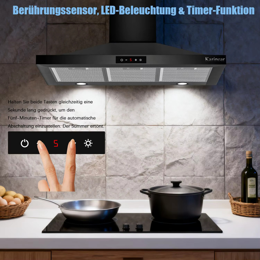 Karinear Dunstabzugshaube in Schwarz und Grau, Wandmontage, A++ Energieeffizienz, Breite: 90 cm, 329 m³/h Luftleistung, Umluft und Abluft mit Aktivkohlefilter - Bild 5