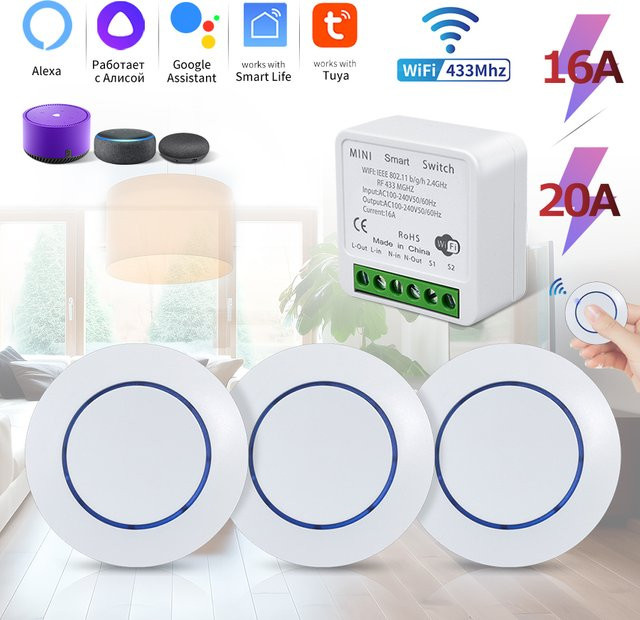 GGBEE Tuya Smart Switch WiFi und 433 MHz Drahtlose Fernbedienung Lichtschalter in Weiß mit 16A 20A Relais Controller für dein Smart Home - Bild 1