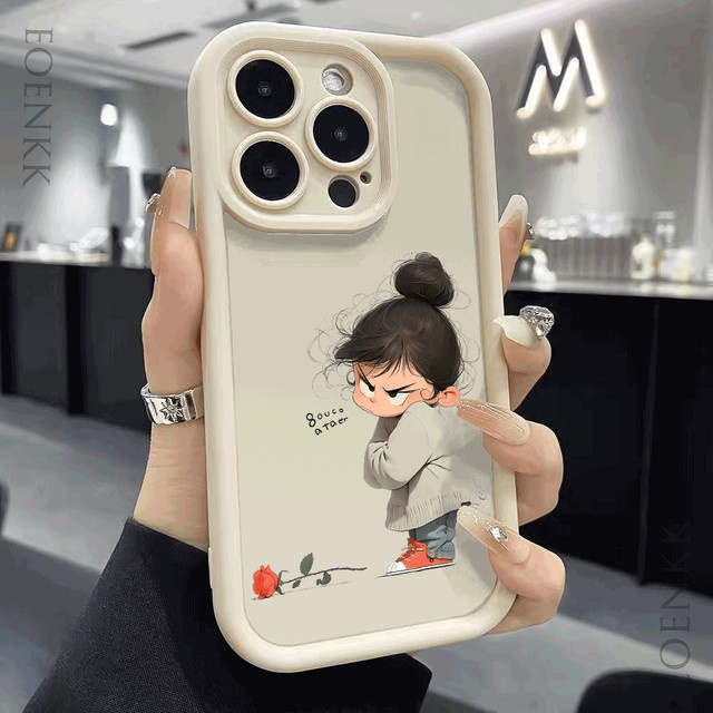 Stoßfeste Cartoon Girl Handyhülle für iPhone 11 bis iPhone 16 Pro Max in Schwarz und Multicolour - Bild 1