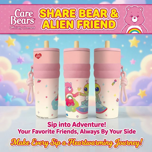 Care Bears Space Alien Edelstahl-Thermobecher mit Strohhalm und Trageschlaufe, Pink, 739 ml - Bild 1