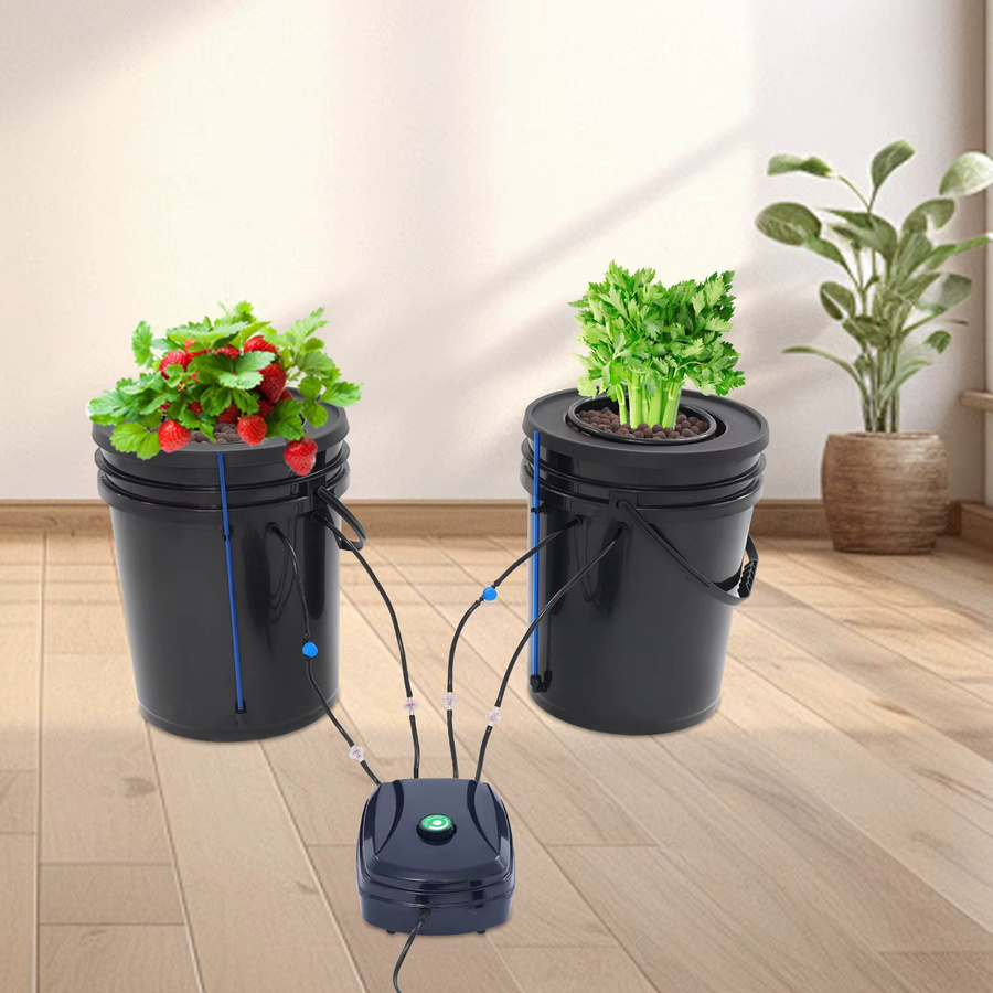 Bymaocar Hydroponisches Eimersystem Set mit Luftpumpe, 2 Stück Deep Water Culture DWC Pflanzeneimer in Schwarz, B: 30 cm, H: 38 cm - Bild 2