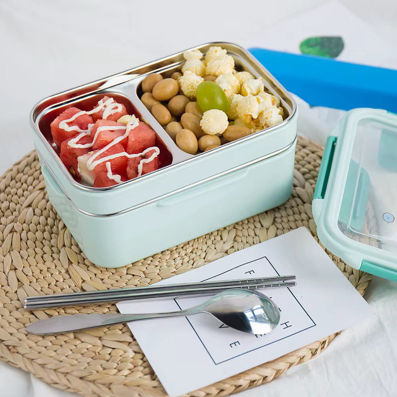 Cartoon Lunchbox aus Edelstahl mit zufälligem Muster, doppelschichtiger Lebensmittelbehälter in Blau für Kinder, Schule und Picknick - Bild 2