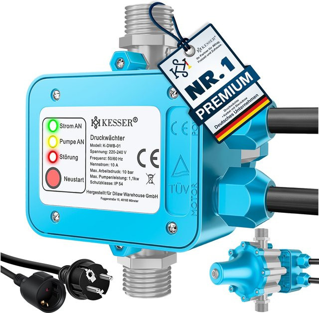 KESSER Druckschalter Druckwächter zur Pumpensteuerung für die Gartenbewässerung in Blau mit Kabel - Bild 1