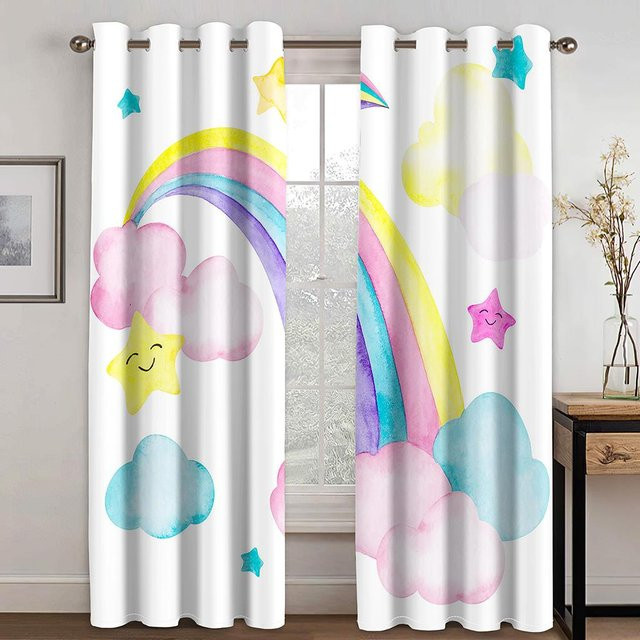 Yiran Furniture Koala Kinder Fenstervorhänge Regenbogen Cartoon Motiv, 2er Set, halbtransparent, Polyester, B: 60 cm, H: 60 cm - Bild 1