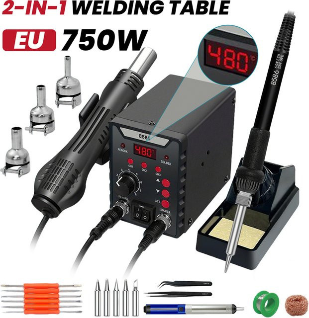 Bromose 8586 2-in-1 Lötstation mit Digitalanzeige und Heißluft-Reparaturwerkzeug, 750W, Schwarz - Bild 1