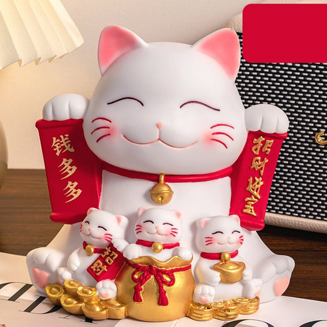 Maneki Neko Sparschwein aus Keramik von Kesoto in Rot und Weiß als orientalische Katzenfigur zur Tischdekoration - Bild 1