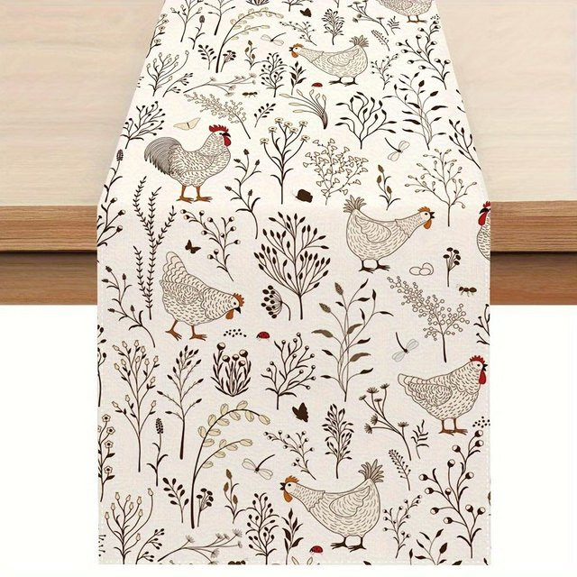 JINGYUE Pet Tischläufer aus Leinen mit Hahn- und Hennen-Muster in Weiß, B/H: 150 x 33 cm - Bild 1