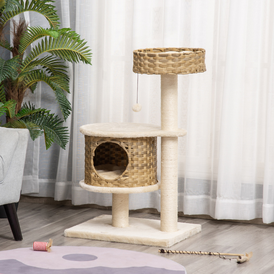 PawHut Kratzbaum aus Rattan mit Katzenhöhle und Ballspielzeug in Natur und Beige - Bild 2
