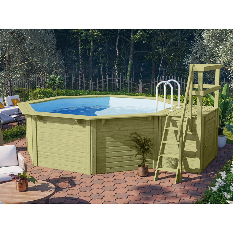 Karibu Achteck Pool Set in Grau und Blau mit Sonnenterrasse, Filteranlage und Skimmer, B/T: 400 x 400 cm - Bild 3