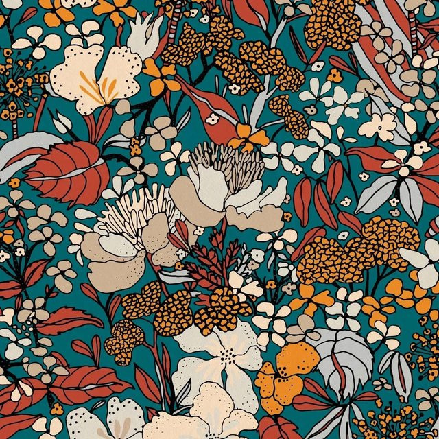 Profhome Tapete Dschungel Blumen Floral Matt Blau Petrol Beige Orange B/H: 0,53 m x 10,05 m - Bild 1