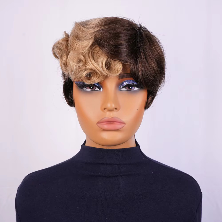OYM HAIR Echthaar-Perücke, Pixie-Schnitt mit Pony, Gold Ombre, Damen - Bild 4