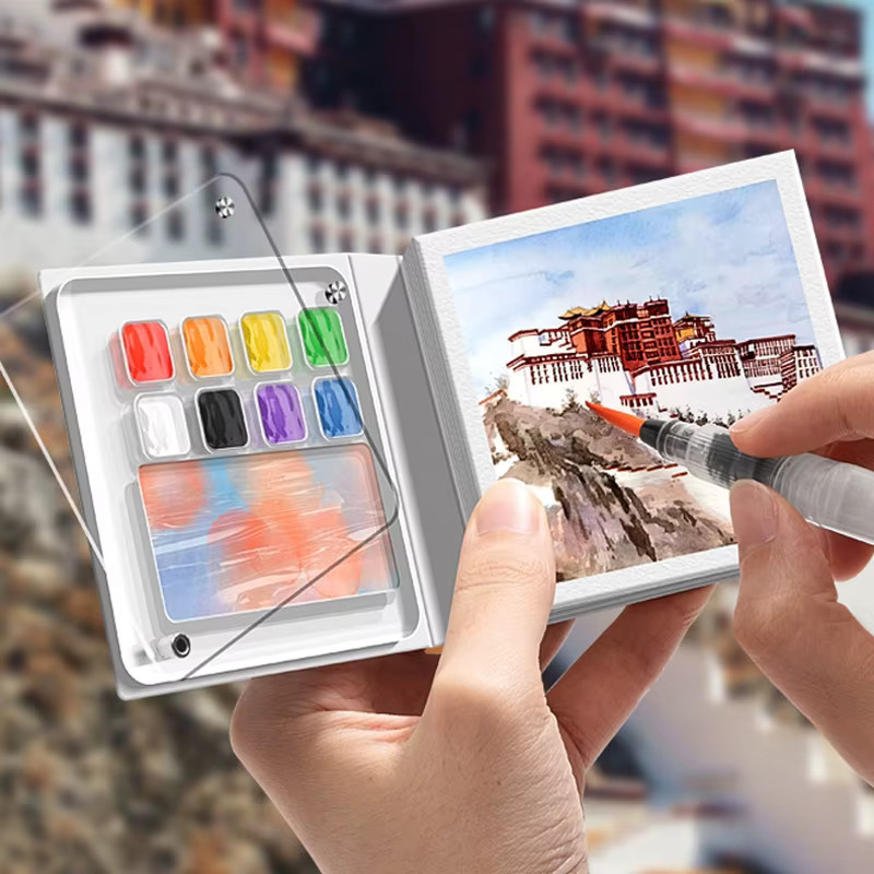 Mini-Aquarell-Malerei-Notizbuch mit Pigment-Palette in Grün, tragbares Skizzenbuch mit Hardcover und blanken Seiten für kreative Zeichnungen - Bild 2