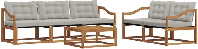 vidaXL Outdoor-Sofagarnitur 6-teilig aus Akazienholz und Textilene in Natur und Hellgrau mit Kissen und Tisch - Bild 1