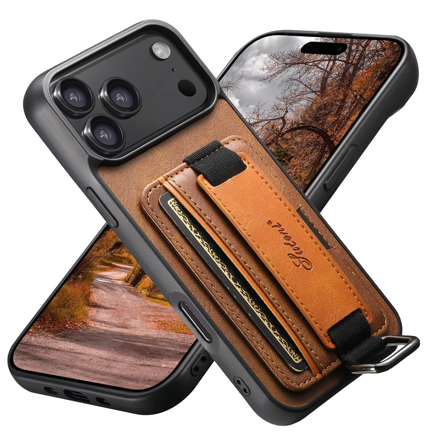 EUCAGR Handyhülle mit Handgelenkband, Ringverschluss und Kartenhalter aus Kunstleder für iPhone 17 Pro Max 16 Plus 15 14 13 12 Pro Max in Braun - Bild 3