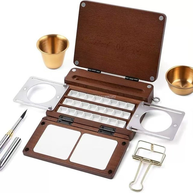 Faltbare Holz-Malpalette in Braun mit 24 Fächern für Aquarell und Outdoor-Reisen - Bild 1