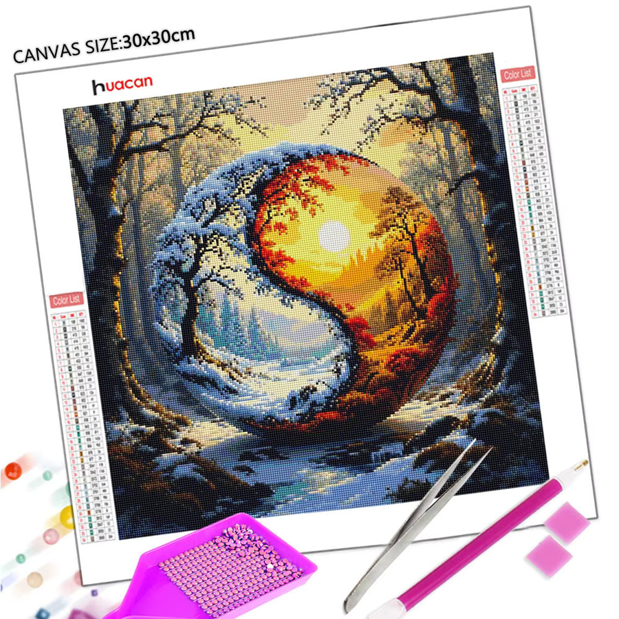 Huacan Diamantmalerei Jahreszeiten Landschaft mit Tai Chi Form, Mosaik Stickerei in Multicolour, B/T/H: 20 x 20 x 20 cm - Bild 2