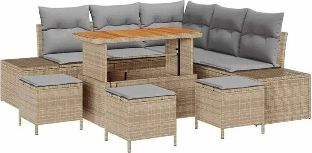 vidaXL Garten-Sofa-Set aus Poly Rattan in Beige, 9-teiliges L-Shape Lounge-Set mit Polsterung und Stauraumfunktion - Bild 1