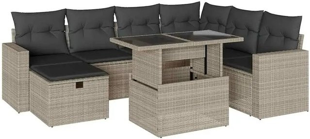 vidaXL 8-teilige Garten-Sofagarnitur aus Polyrattan in Hellgrau mit Kissen und Couchtisch - Bild 1