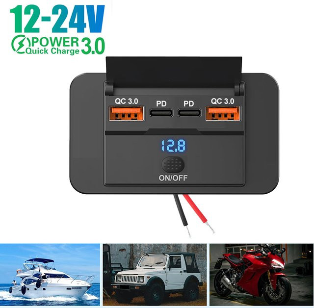 Kankeirr USB-Steckdose für Auto und Boot mit 4 Ports, Dual PD und Dual QC3.0 USB-C, Schwarz - Bild 1