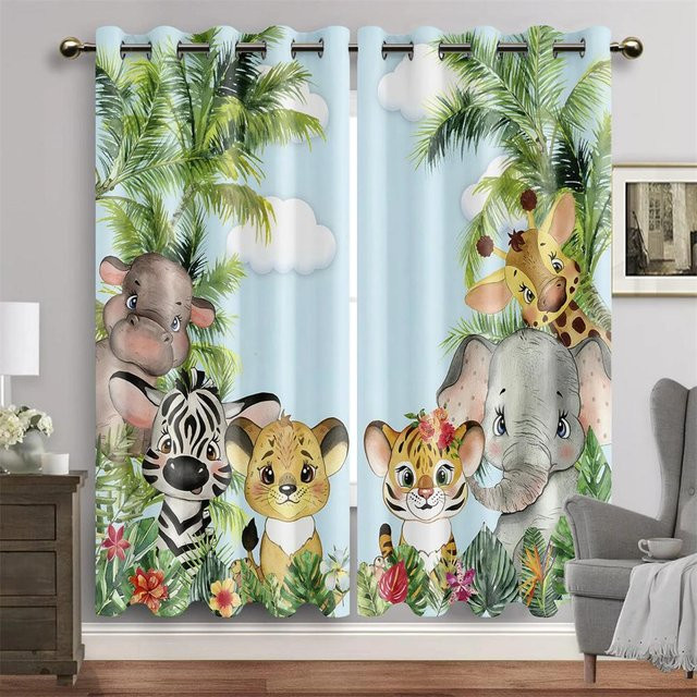 Cartoon-Tier Dschungel Fenstervorhang mit Löwe und Elefant, 2er-Set, halbtransparent, Mehrfarbig, Breite: 65 cm, Höhe: 60 cm - Bild 1