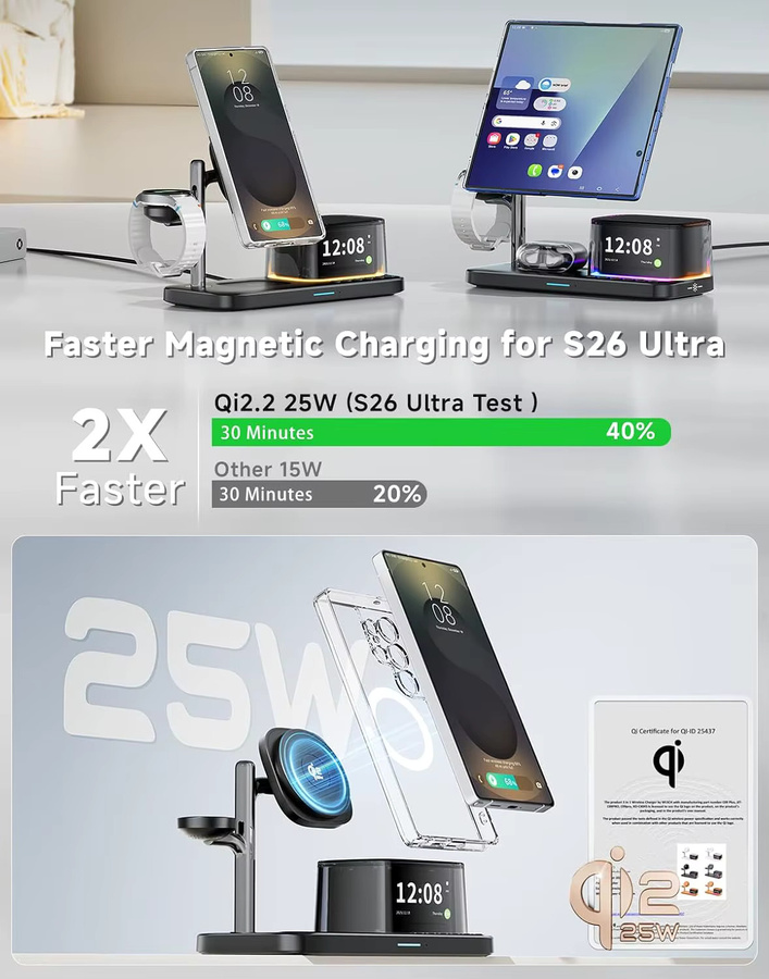 VIKEFON 25W Magnetisches kabelloses Ladegerät mit Bluetooth-Lautsprecher und Schnellladefunktion in Schwarz für iPhone, Samsung S26 S25, Z Fold 7 und Galaxy Watch Ultra 8 7 - Bild 3