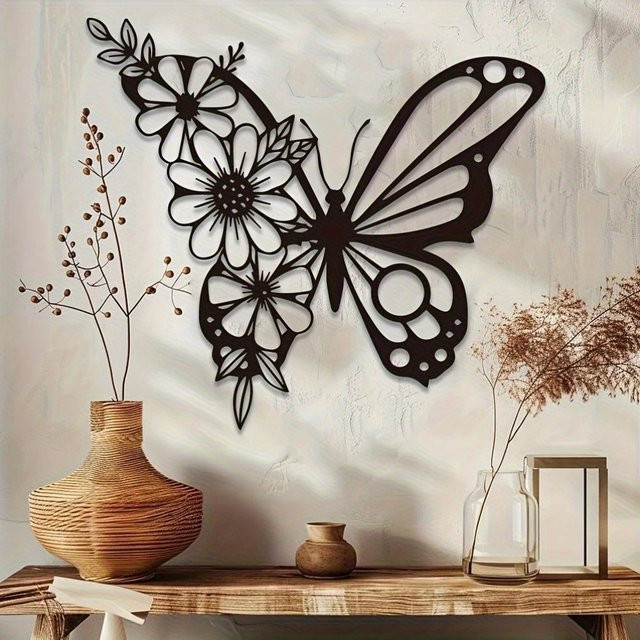 CIFBUY Art-Deco Wandkunst aus Metall mit Schmetterlingen und Blumenskulptur in Schwarz zur Wandmontage - Bild 1