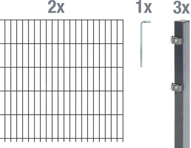 Metallzaun Grund-Set Doppelstabmatte aus Stahl, anthrazit beschichtet, Höhe: 2,0 m, Breite: 2,0 m, Tiefe: 0,8 m - Bild 1