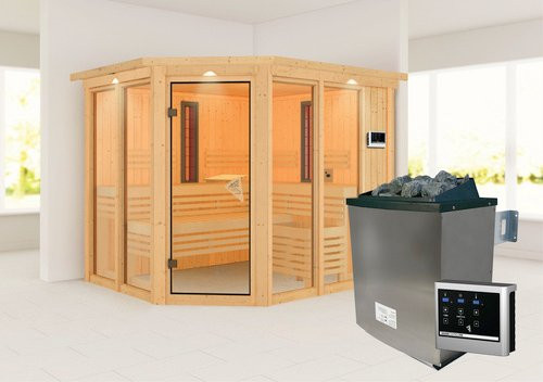 Karibu Sauna aus Holz in Beige, B/H/T: 245 x 202 x 210 cm - Bild 1