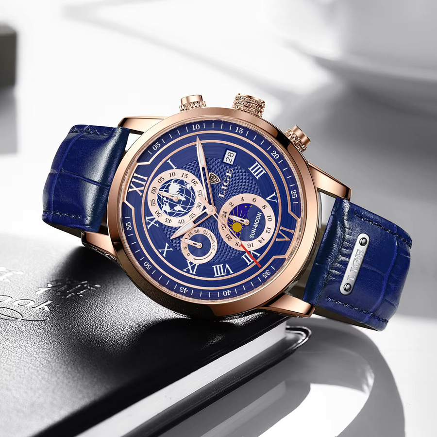LIGE Armbanduhr Chronograph, Quarz, Leder, Roségold, Blau, Herren - Bild 4