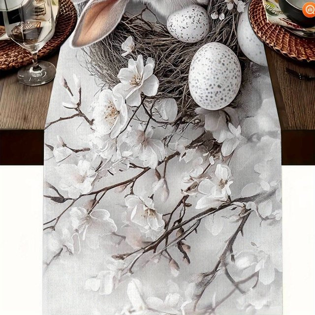 VIKAMA Tischläufer mit Hasen- und Blumenmotiv für Ostern, rechteckige Tischdecke aus Leinen, B/T: 90 x 33 cm - Bild 1