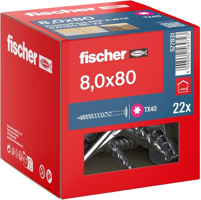 Fischer Holzbauschraube PowerFast II Tellerkopf TX Teilgewinde in Silber, Durchmesser: 8 mm, Länge: 80 mm, 22 Stück - Bild 1