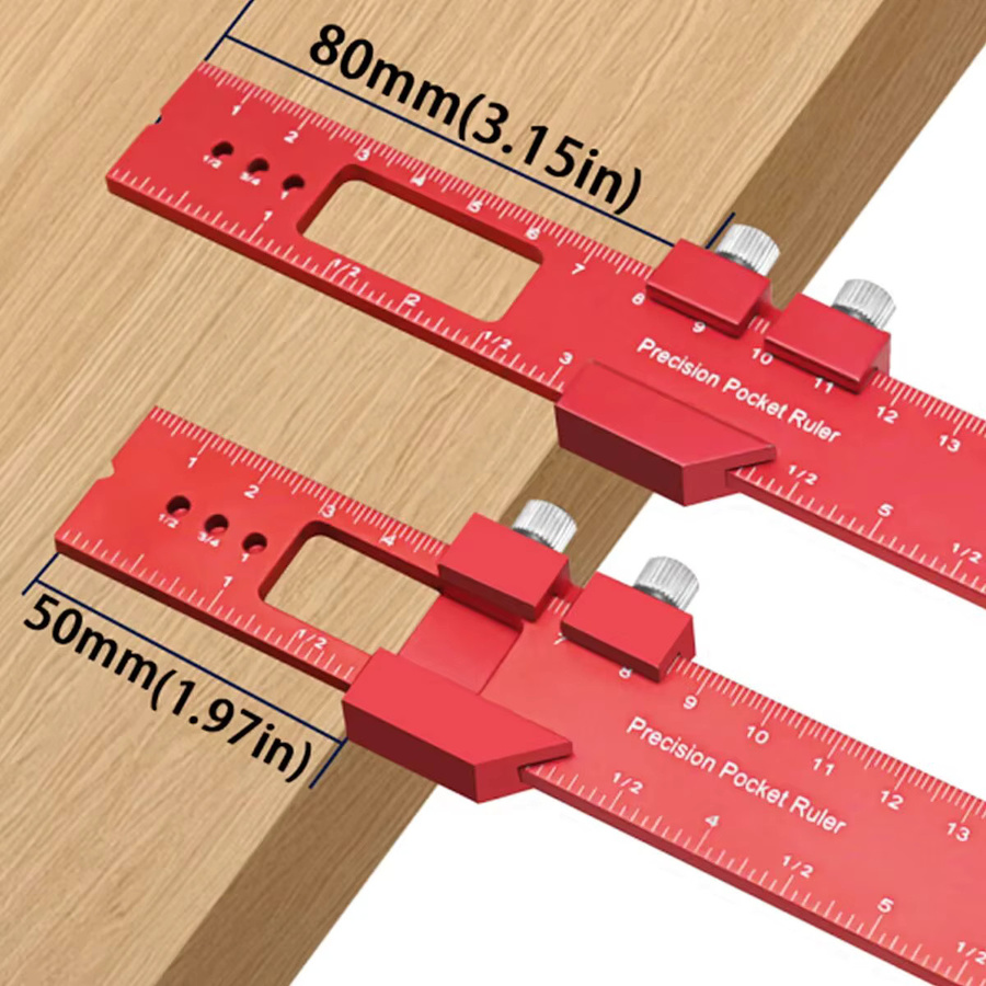GDART Präzisions-Taschenlineal aus Aluminium mit Metallschieber und Schiebestopp in Rot, T-Typ-Anreißlineal für die Holzbearbeitung mit Zoll und metrischer Skala - Bild 3