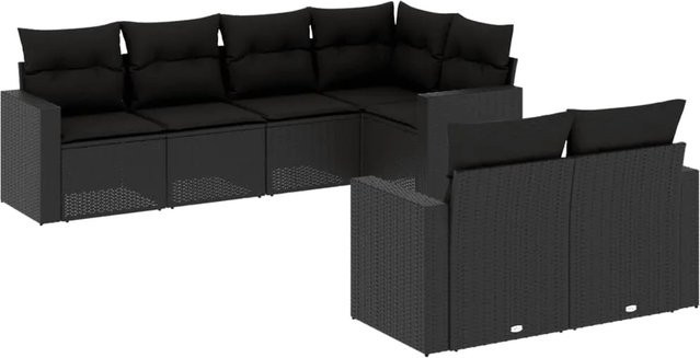 vidaXL 7-tlg Garten-Sofagarnitur in L-Form aus Poly-Rattan mit Kissen, Schwarz - Bild 1