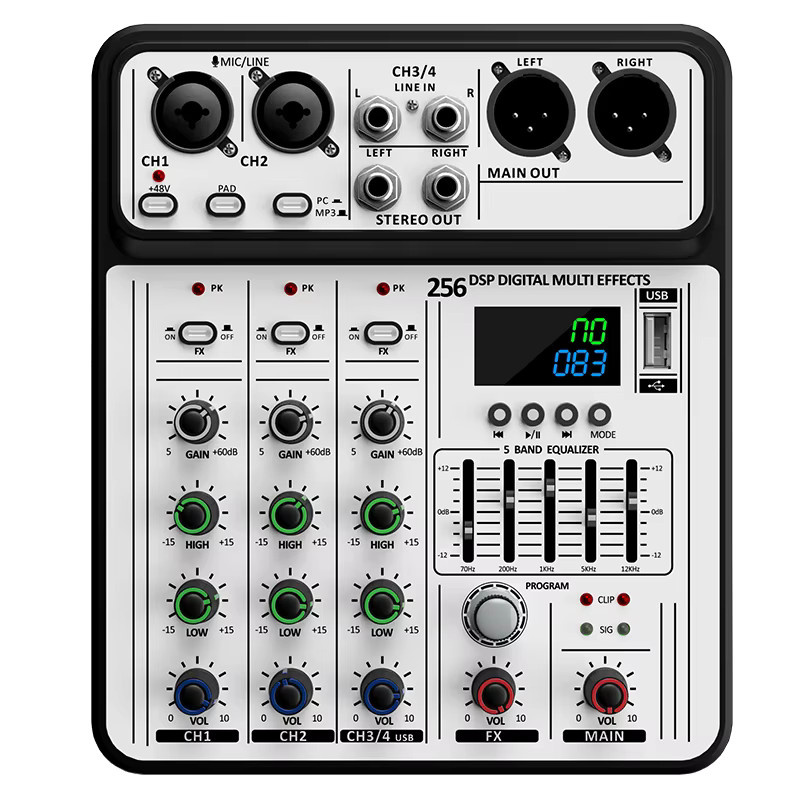 VBNM Professioneller 4-Kanal 256DSP Audio Mixer mit 48V Phantomspeisung, USB und Bluetooth in Weiß - Bild 7