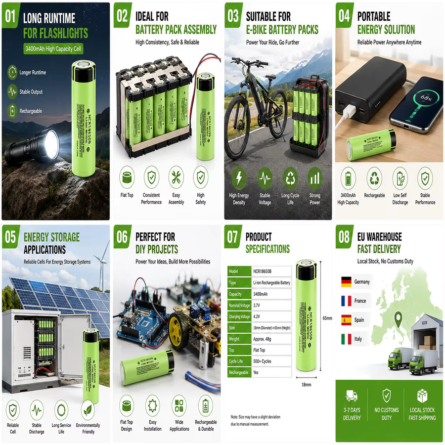 NCR18650B Li-Ion Akku 3400mAh 3,7V mit Button-Top-Anschluss für Taschenlampen und Powerbanks - Bild 4