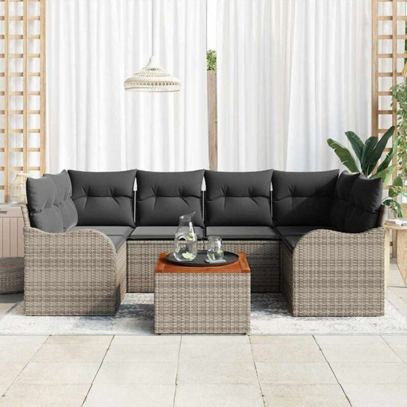 7-teiliges Garten-Sofa-Set aus Polyrattan und Akazienholz in Grau von vidaxl - Bild 1