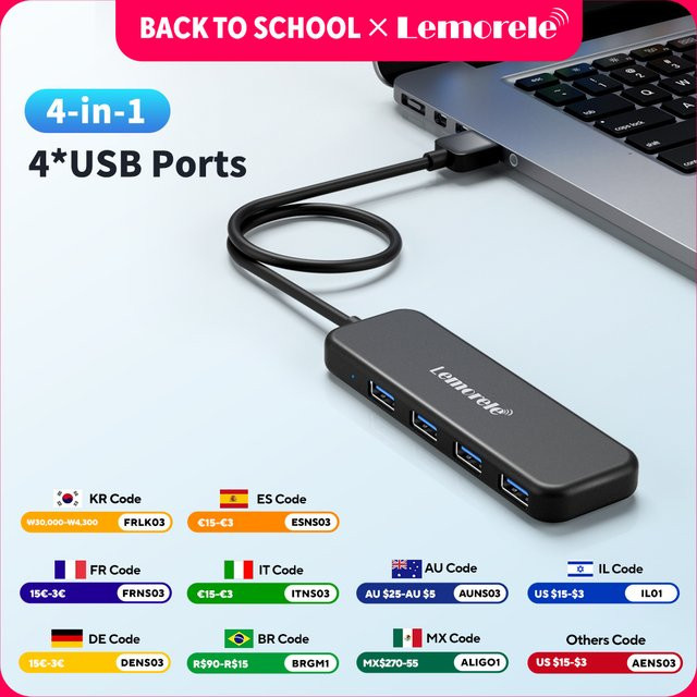 Lemorele USB 3.0 Hub mit 4 USB-A Anschlüssen und OTG-Funktion, Schwarz - Bild 1