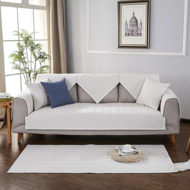 Sofaüberwurf aus gewaschener Baumwolle in Weiß, kariertes Design, Sofamatte für das Wohnzimmer, B/B: 70 x 70 cm - Bild 1
