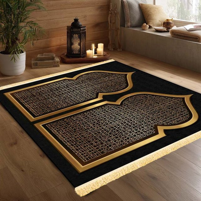 VIKAMA Islamischer Luxus-Gebetsteppich in Schwarz mit orientalischem Design - Bild 1