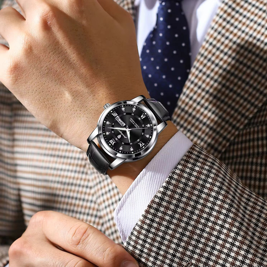 POEDAGAR Armbanduhr Quarz, Leder, Schwarz, Silber, Herren, Datum, Wochentag - Bild 6
