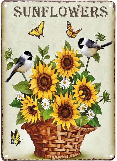 TISOSO Retro Vintage Blechschild mit Sonnenblumen und Vögeln als Wanddekoration in Mehrfarbig - Bild 1