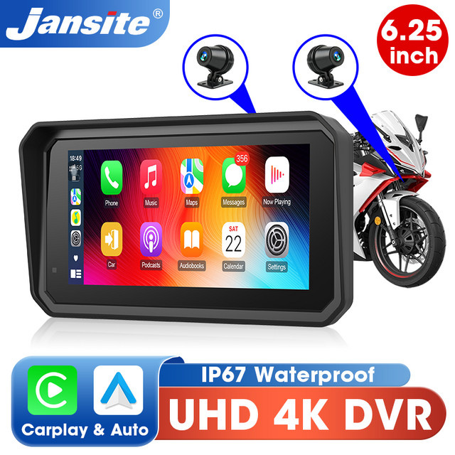 Jansite GPS Navigationsdisplay für Motorräder mit Carplay und Android Auto, 6,25 Zoll, IP67 wasserdicht, Schwarz - Bild 1