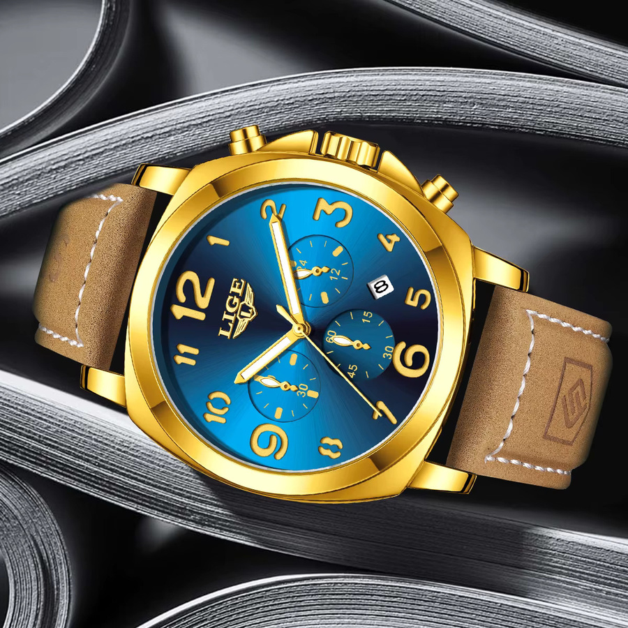 LIGE Armbanduhr Quarz, Leder, Blau, Herren - Bild 5