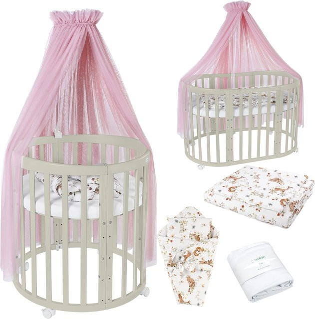 Waldin Babybett OWAL 7in1 Kinderbett aus Buchenholz mit Matratze und Drop-Side - Bild 1