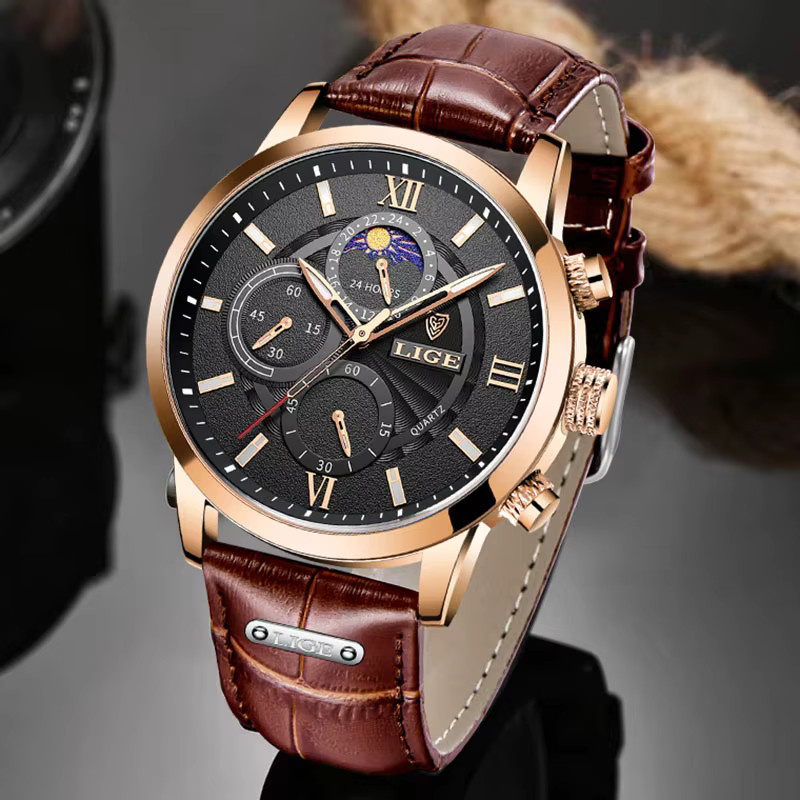 LIGE Armbanduhr Quarz, Leder, Schwarz, Herren - Bild 3