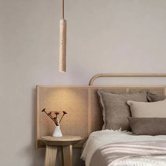LED-Pendelleuchte im japanischen Stil aus Holz und Travertin in Beige mit warmweißem Licht - Bild 1