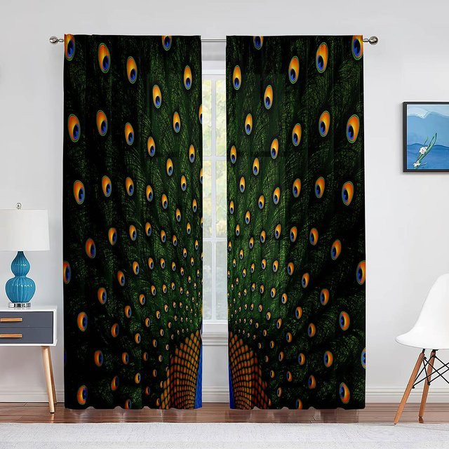 Transparentes Chiffon-Voile Fenstervorhang mit Pfauenfeder-Design in Pfauengrün von Super Six, Breite: 100 cm, Höhe: 250 cm - Bild 1