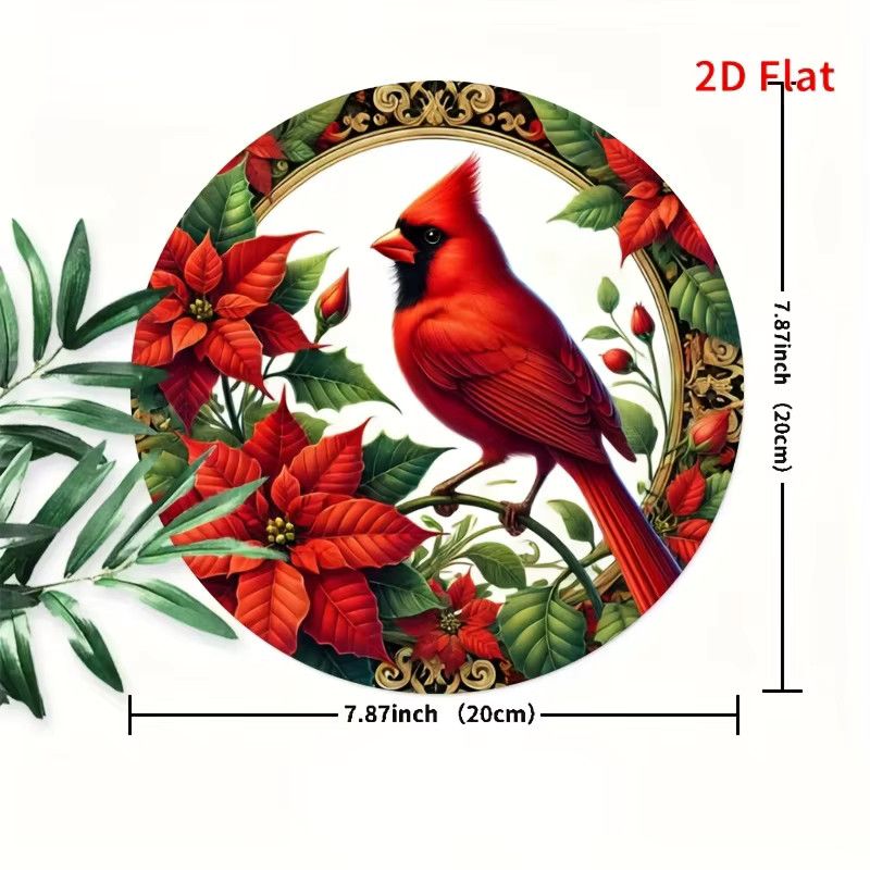 Rundes Metallblechschild Potdemiel mit rotem Kardinal Vogel, Stechpalme und Beeren in rustikalem Design zur Wandmontage - Bild 3